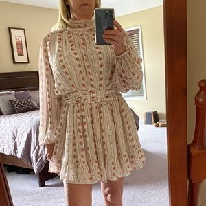 Anthropologie Cream Mini Dress with Peach Floral Stripes